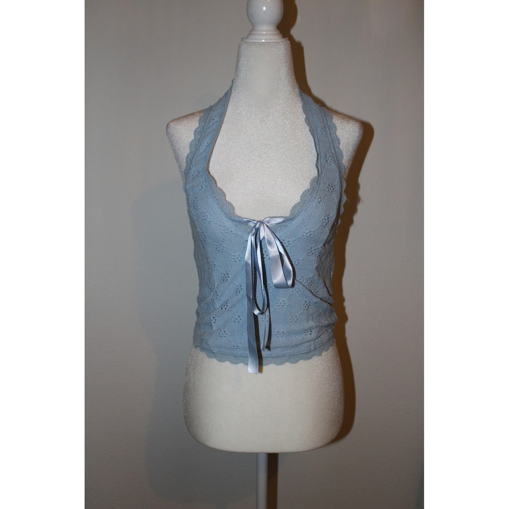 Kimchi Blue Light Blue Pointelle Lace Halter Top Ribbon Tie Backless Medium